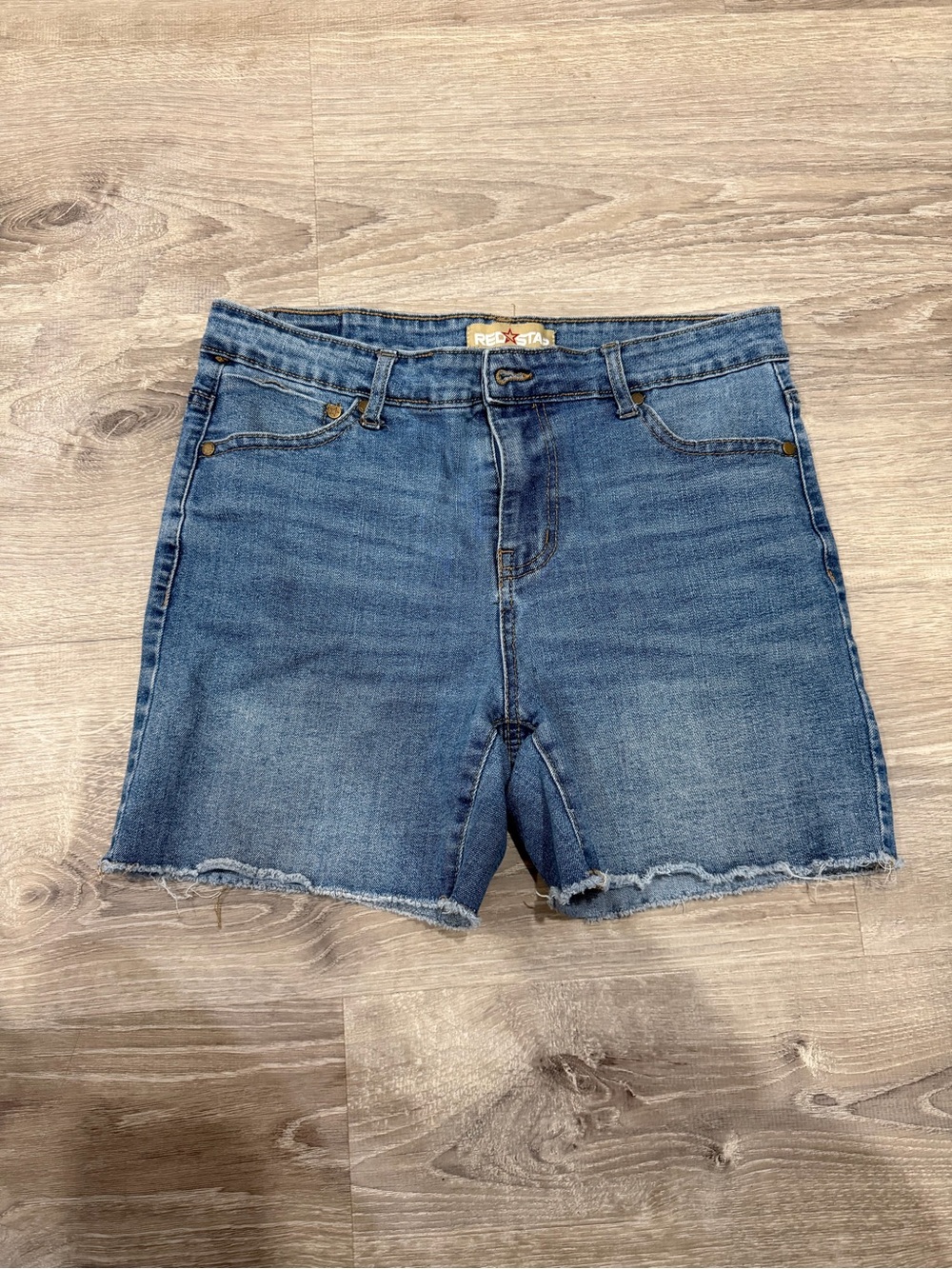 Re/Done Mid-Blue High-Rise Raw Hem Denim Shorts